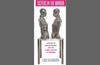Book cover with busts of two metallic figures facing each other, resting on a metal table